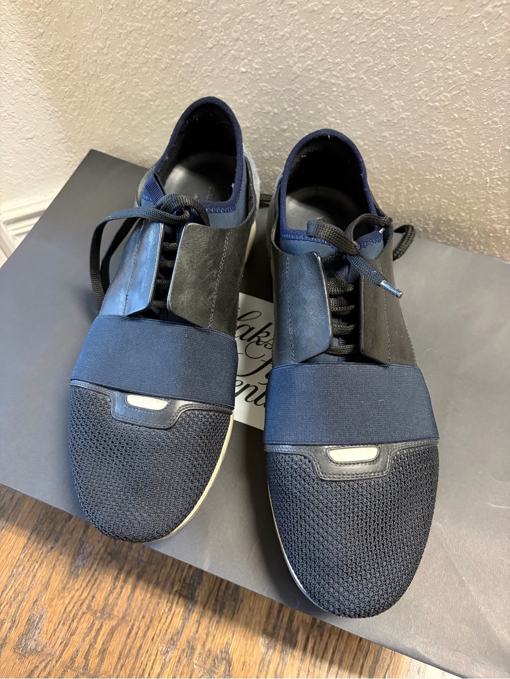 Balenciaga Race Runner 43 Navy Blue Black Mesh Trainers Leather Sneakers 10.5